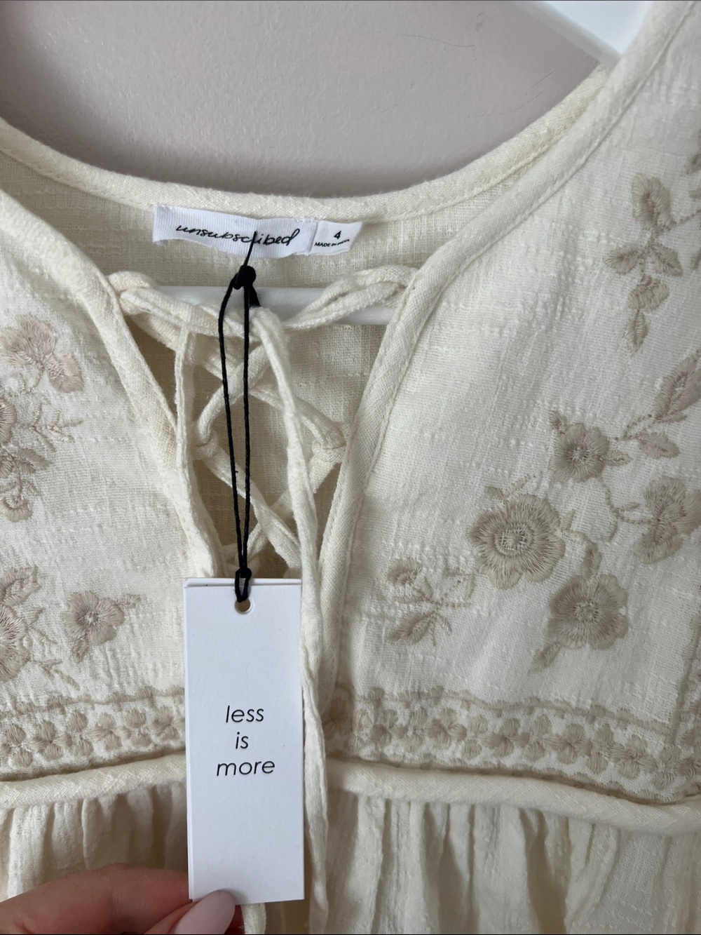 Boho Lace-Up Cream Embroidered Mini Dress - Picture 3 of 10